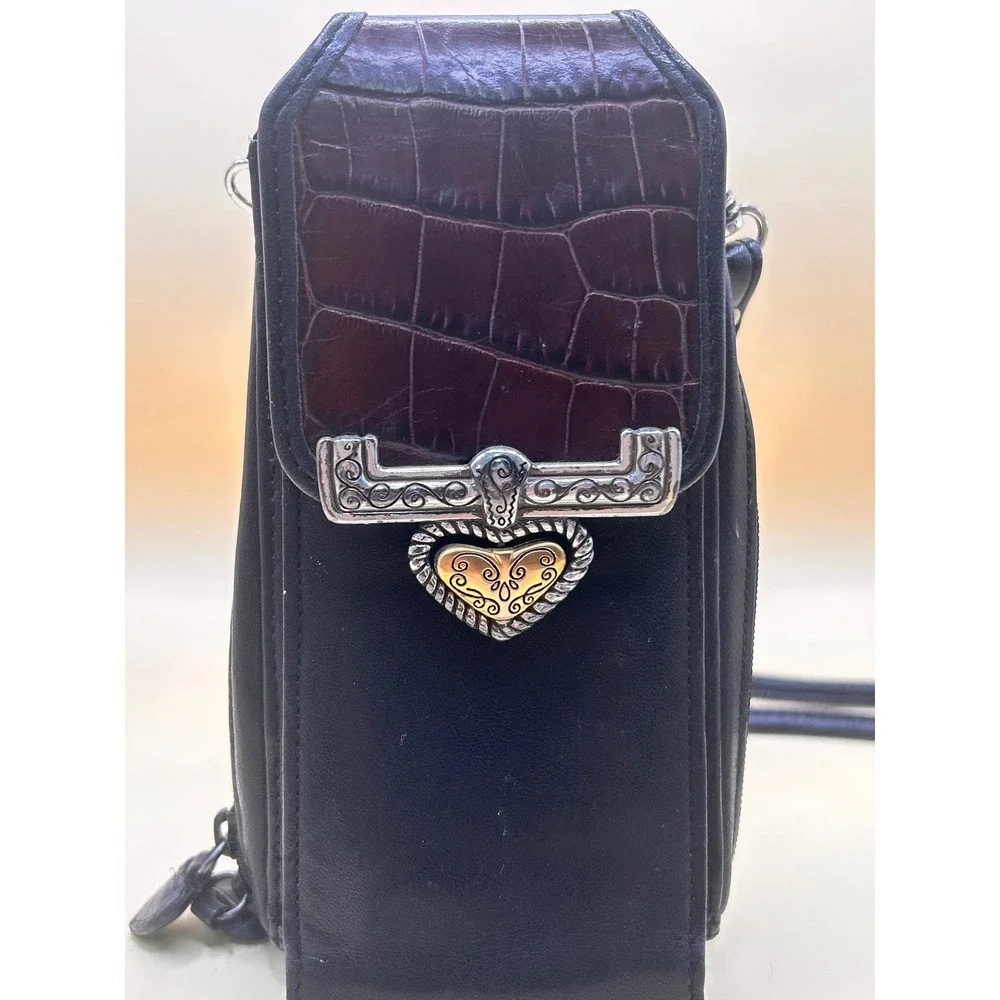 Brighton‎ Black Brown Croc Leather Crossbody Phone Bag Silver/Gold Heart - Picture 3 of 12